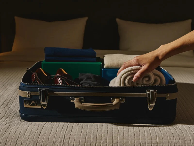 Offener Koffer wird auf einem Bett mit Kleidung und Packwürfeln gepackt